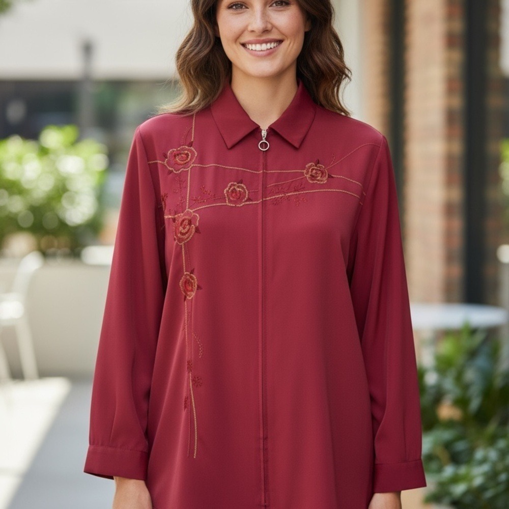 Blair Boutique Red Floral Embroidered Zip Blouse Jacket | Sizeā XL - Picture 2 of 10
